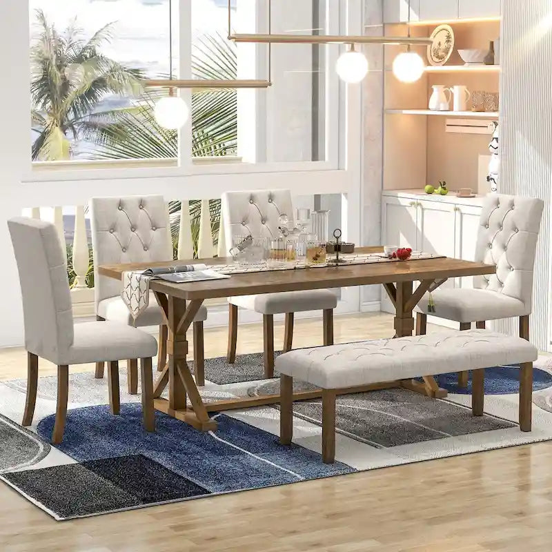 6-Piece Farmhouse Dining Table Set 72 Wood Rectangular Table, 4 Upholstered Chairs with Bench
