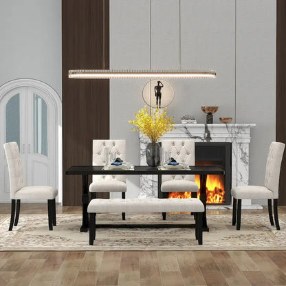 6-Piece Farmhouse Dining Table Set 72 Wood Rectangular Table, 4 Upholstered Chairs with Bench