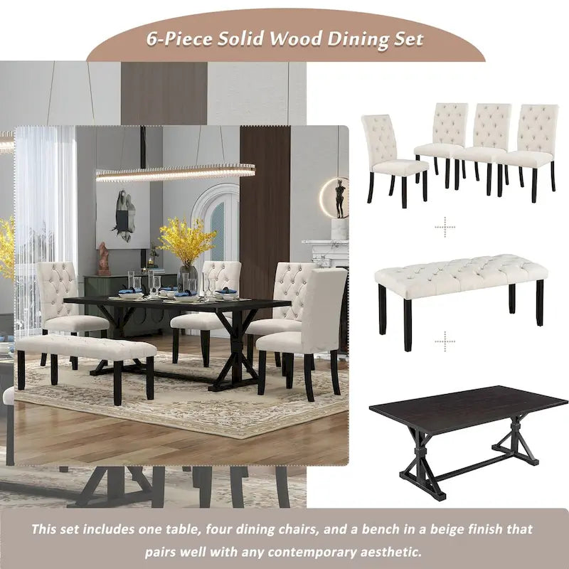 6-Piece Farmhouse Dining Table Set 72 Wood Rectangular Table, 4 Upholstered Chairs with Bench