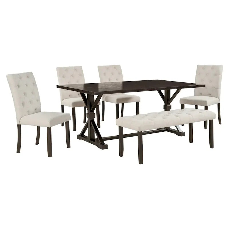 6-Piece Farmhouse Dining Table Set 72 Wood Rectangular Table, 4 Upholstered Chairs with Bench