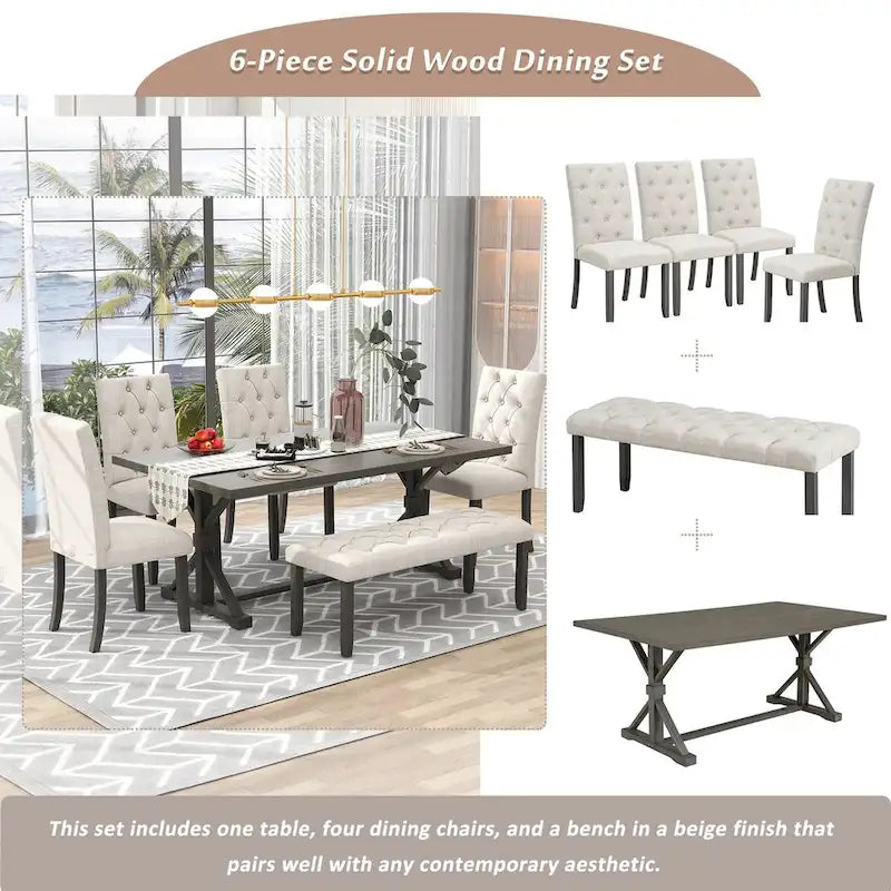 6-Piece Farmhouse Dining Table Set 72 Wood Rectangular Table, 4 Upholstered Chairs with Bench
