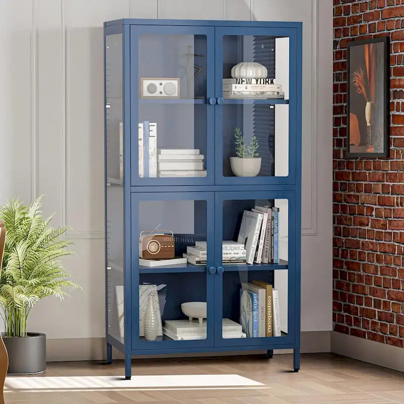 Modern Minimalist 3-Sided Tempered Glass Storage Cabinet with Four Cabinet Doors