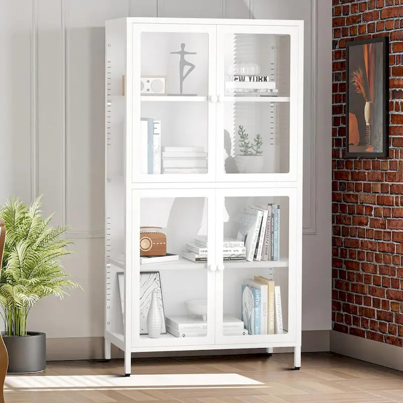 Modern Minimalist 3-Sided Tempered Glass Storage Cabinet with Four Cabinet Doors