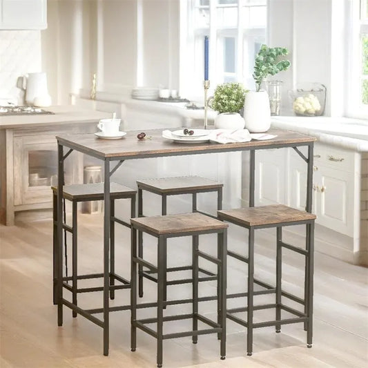 Wood Dining Table Set with Bar Table and 4 Stools Set(Set of 5)