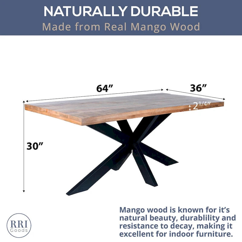 RRI Goods Sophisticated Dining Rectangle Table with Mango Wood Top and Metal Spider Leg Design, 63-Inch