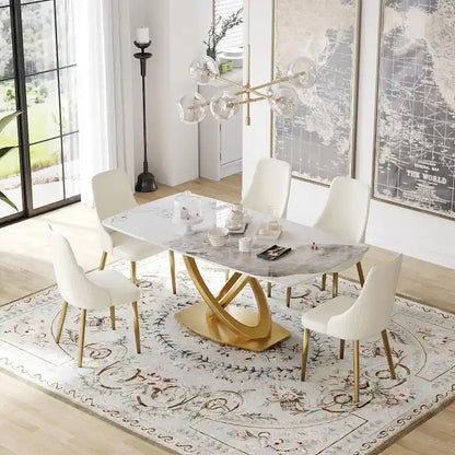 70.8 Dining Table, Modern Dining Table for 8, Antique White Sintered Stone with Stainless Steel Gold Pedestal