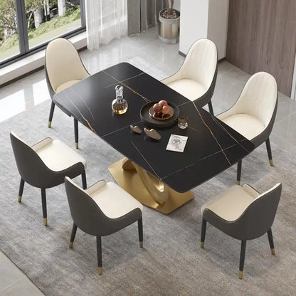 70.8 Dining Table, Modern Dining Table for 8, Antique White Sintered Stone with Stainless Steel Gold Pedestal