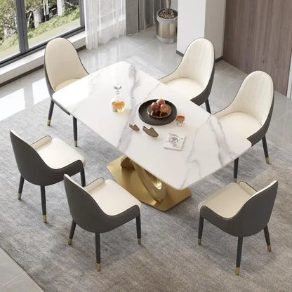 70.8 Dining Table, Modern Dining Table for 8, Antique White Sintered Stone with Stainless Steel Gold Pedestal