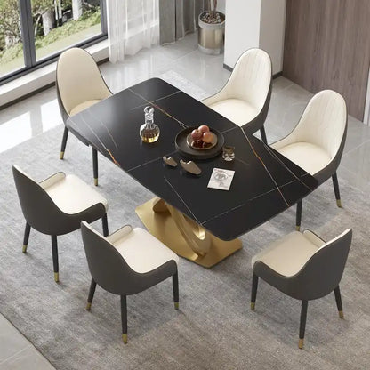 70.8 Dining Table, Modern Dining Table for 8, Antique White Sintered Stone with Stainless Steel Gold Pedestal