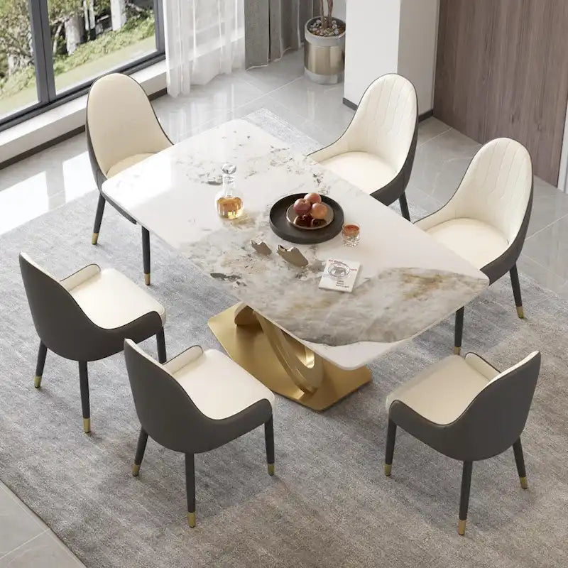 70.8 Dining Table, Modern Dining Table for 8, Antique White Sintered Stone with Stainless Steel Gold Pedestal