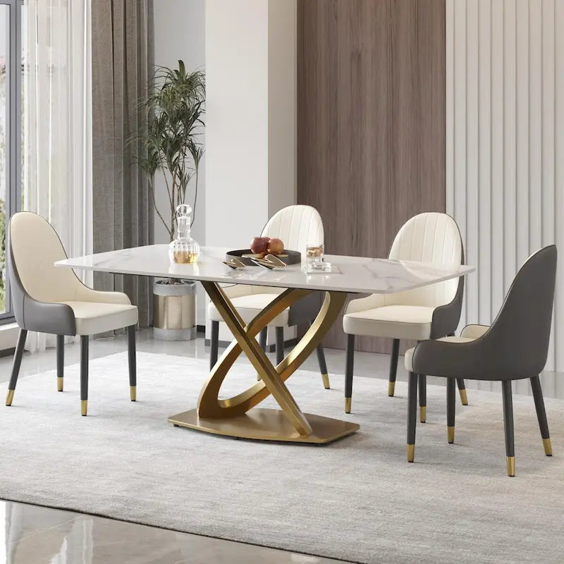 70.8 Dining Table, Modern Dining Table for 8, Antique White Sintered Stone with Stainless Steel Gold Pedestal