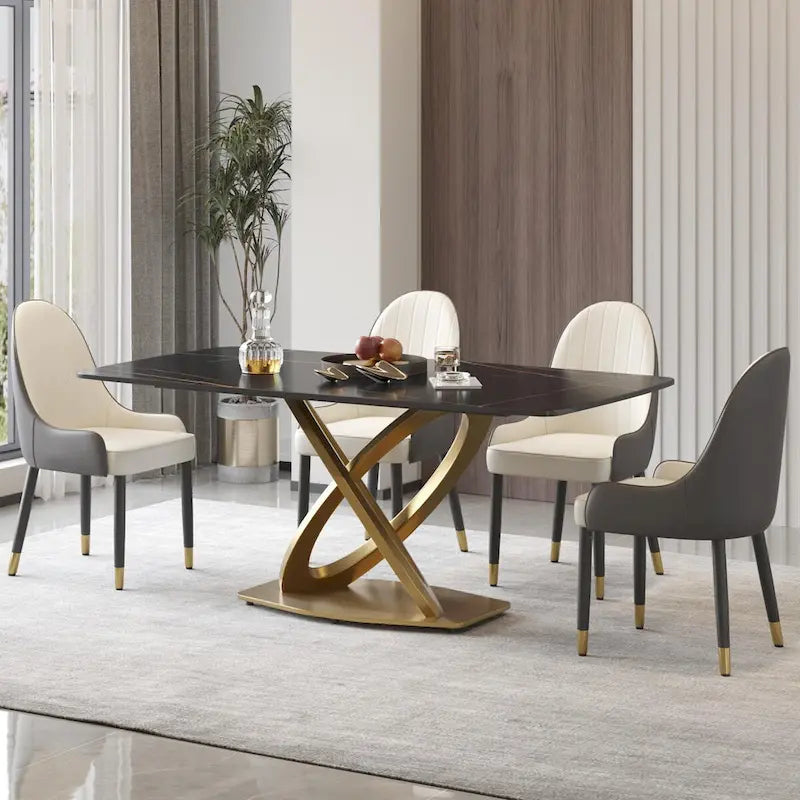 70.8 Dining Table, Modern Dining Table for 8, Antique White Sintered Stone with Stainless Steel Gold Pedestal