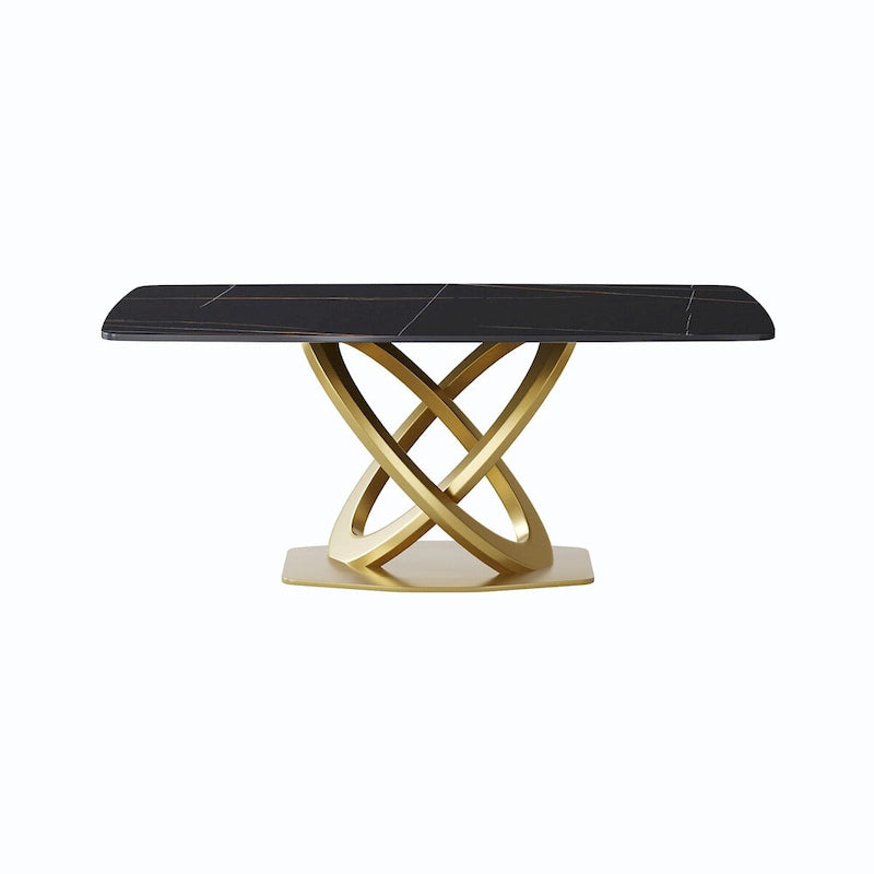 70.8 Dining Table, Modern Dining Table for 8, Antique White Sintered Stone with Stainless Steel Gold Pedestal