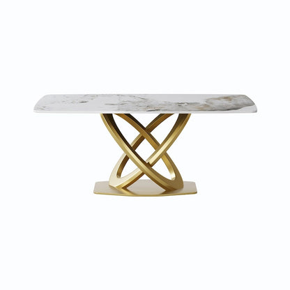 70.8 Dining Table, Modern Dining Table for 8, Antique White Sintered Stone with Stainless Steel Gold Pedestal