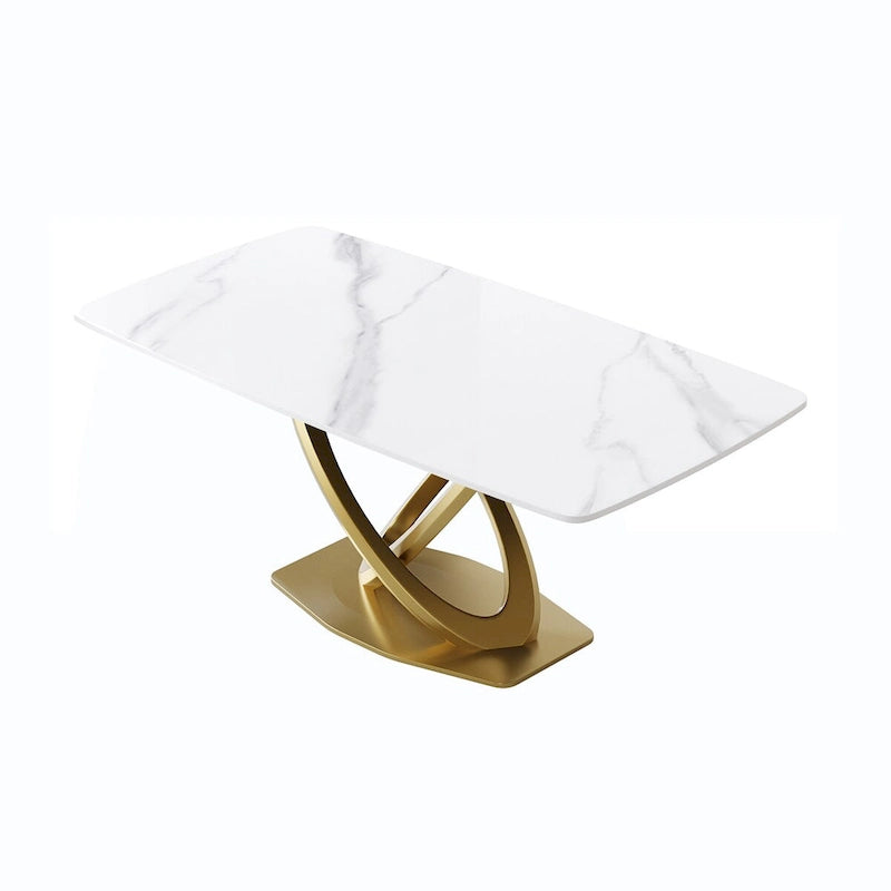 70.8 Dining Table, Modern Dining Table for 8, Antique White Sintered Stone with Stainless Steel Gold Pedestal