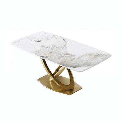70.8 Dining Table, Modern Dining Table for 8, Antique White Sintered Stone with Stainless Steel Gold Pedestal