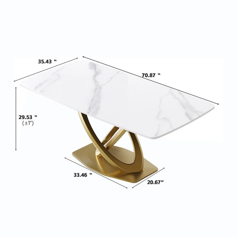 70.8 Dining Table, Modern Dining Table for 8, Antique White Sintered Stone with Stainless Steel Gold Pedestal