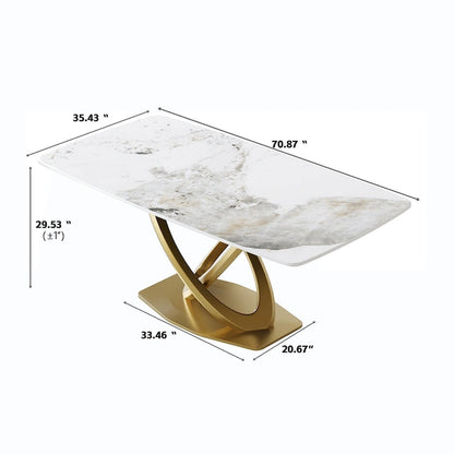 70.8 Dining Table, Modern Dining Table for 8, Antique White Sintered Stone with Stainless Steel Gold Pedestal