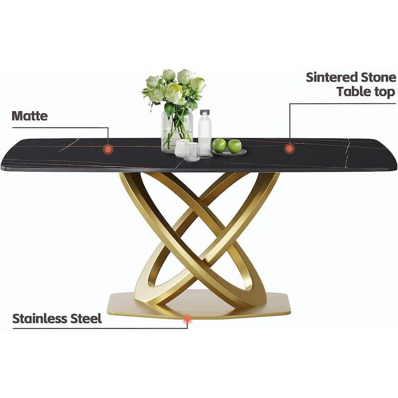 70.8 Dining Table, Modern Dining Table for 8, Antique White Sintered Stone with Stainless Steel Gold Pedestal