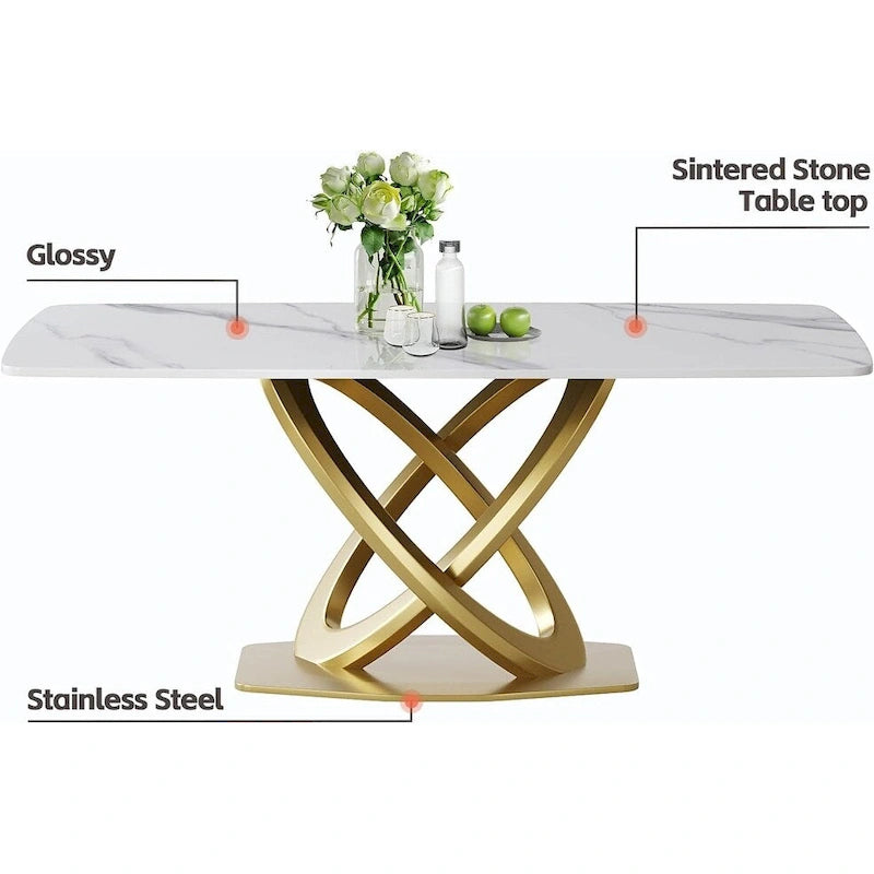 70.8 Dining Table, Modern Dining Table for 8, Antique White Sintered Stone with Stainless Steel Gold Pedestal
