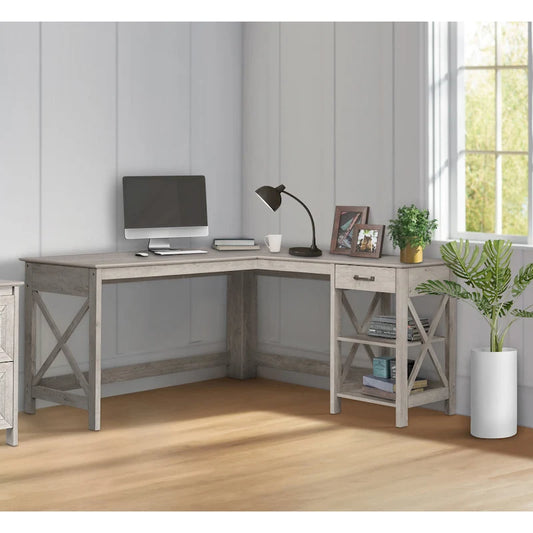 Saint Birch Honduras Washed Gray L-Shape Desk with 1 Drawer and 1 Open Shelf