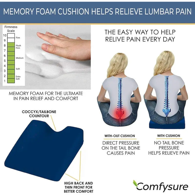 ComfySure Car Seat Wedge Pillow - Memory Foam Firm Cushion-Pain Relief