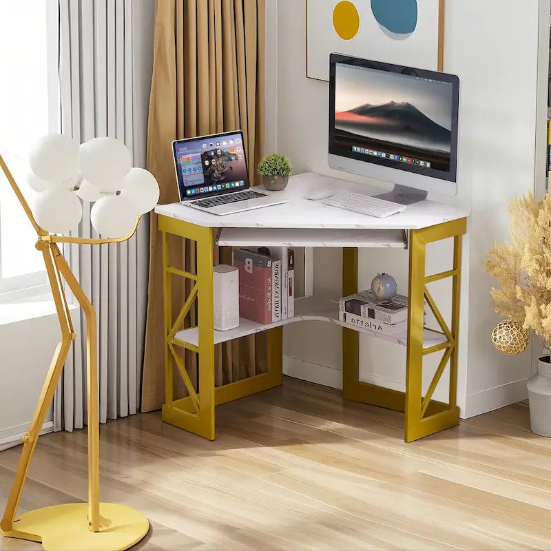 Javlergo Corner Desk with Keyboard Tray, Study Writing Computer Table for College Dorm Home Office