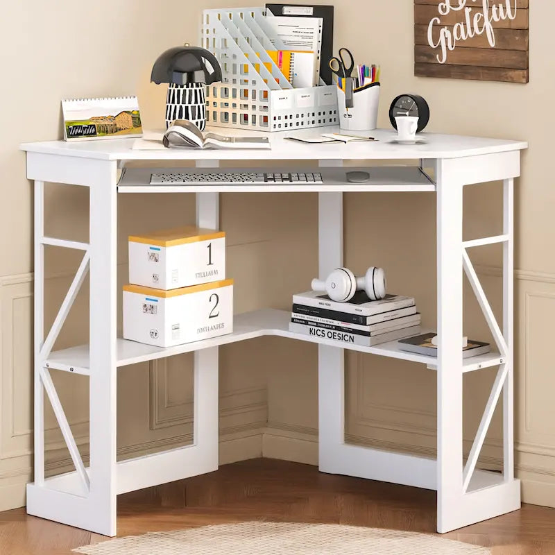 Javlergo Corner Desk with Keyboard Tray, Study Writing Computer Table for College Dorm Home Office