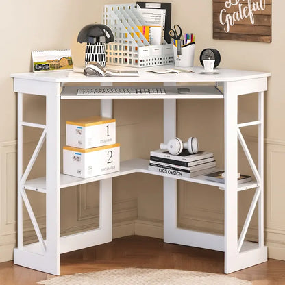 Javlergo Corner Desk with Keyboard Tray, Study Writing Computer Table for College Dorm Home Office