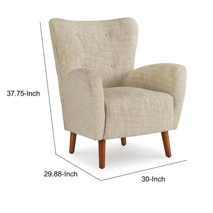 Sonie Accent Chair, Beige Polyester, Soft Cushions, Tapered Brown Wood Legs