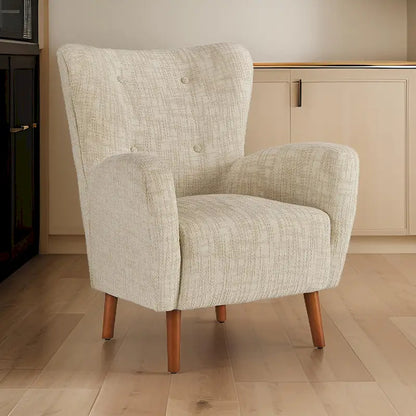 Sonie Accent Chair, Beige Polyester, Soft Cushions, Tapered Brown Wood Legs
