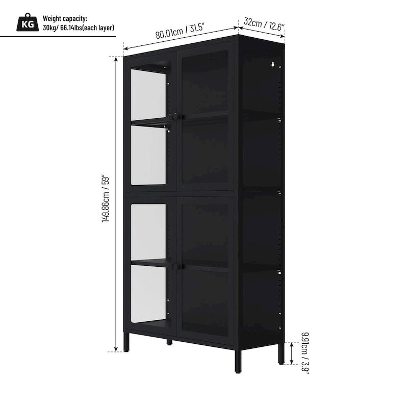 Four Glass Door Storage Cabinet with Adjustable Shelves and Feet Cold-Rolled Steel Sideboard Furniture