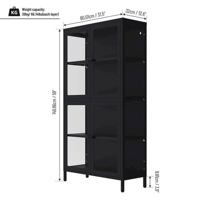 Four Glass Door Storage Cabinet with Adjustable Shelves and Feet Cold-Rolled Steel Sideboard Furniture