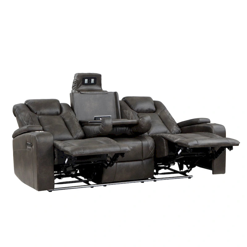 Mia 83 Inch Power Double Recliner Sofa, Gray Faux Leather, USB, Drop Table