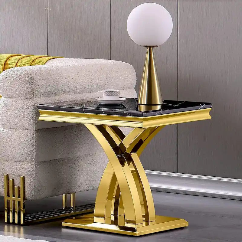 Modern Metal End Table with Square Gloss Top and X-Cross Base