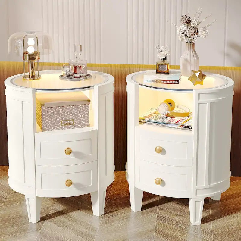 2-Drawer Side Table Nightstand with Open Shelf and LED Lights for Bedroom Living Room