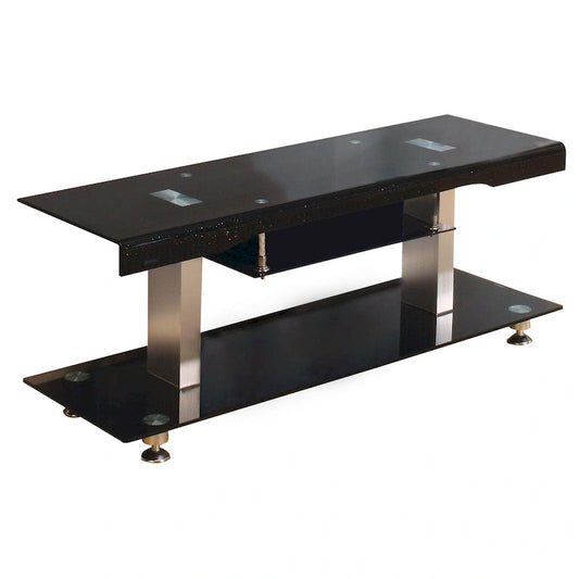 60 Inch TV Entertainment Console, Long Glass Media Shelf, Chrome Accents