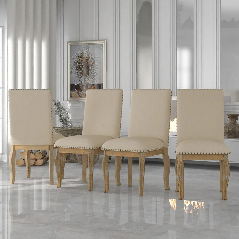 Set of 4 Wood Upholstered Dining Chairs with Nailhead Trim