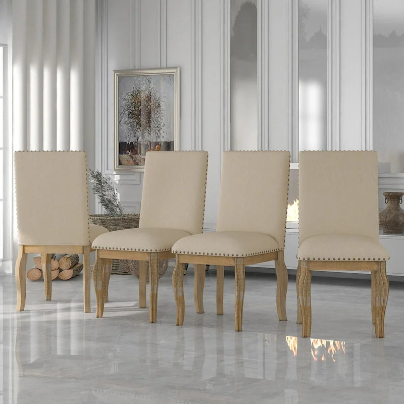 Set of 4 Wood Upholstered Dining Chairs with Nailhead Trim