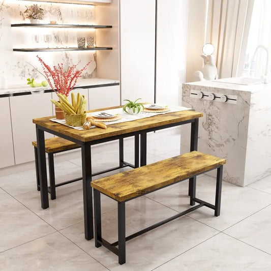 Dining Table Set with Bench, 3 Pieces Dining Furniture Set Kitchen Table Set for Kitchen, Dining Room, Living Room