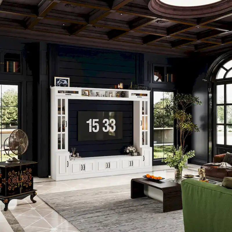 White Entertainment Unit with Multiple Storage Options Tempered Glass - 96.9