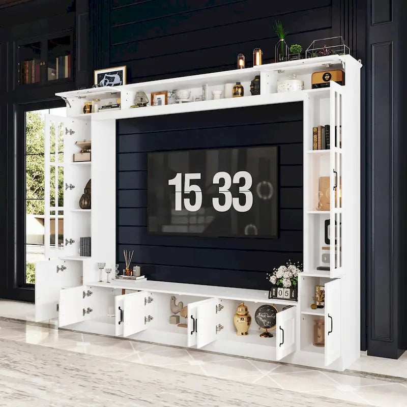 White Entertainment Unit with Multiple Storage Options Tempered Glass - 96.9