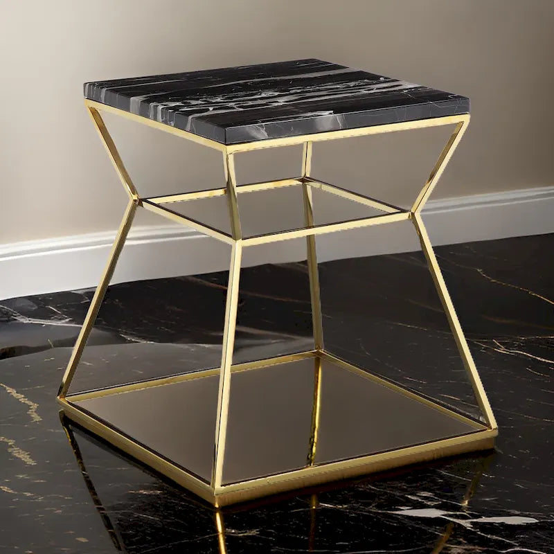 Lio 18 Inch Side End Table, Black Marble Top, Gold Open Hourglass Frame