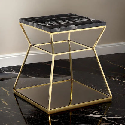 Lio 18 Inch Side End Table, Black Marble Top, Gold Open Hourglass Frame