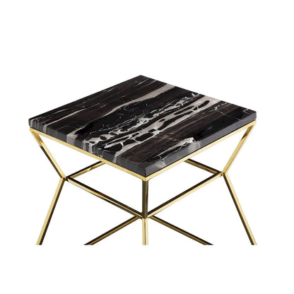Lio 18 Inch Side End Table, Black Marble Top, Gold Open Hourglass Frame