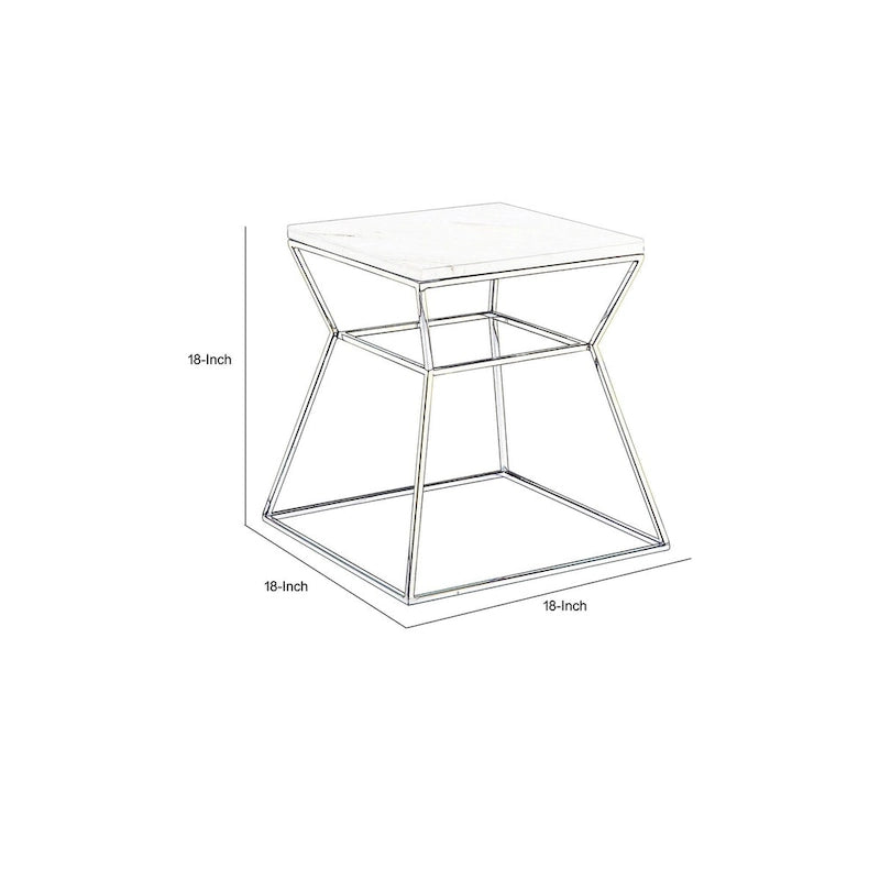 Lio 18 Inch Side End Table, Black Marble Top, Gold Open Hourglass Frame