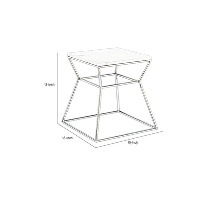 Lio 18 Inch Side End Table, Black Marble Top, Gold Open Hourglass Frame