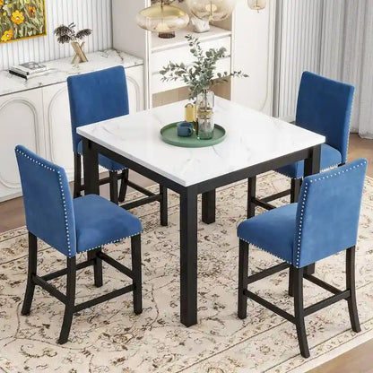 5-piece Counter Height Dining Table Set with One Faux Marble Top Dining Table and Four Velvet-Upholstered Chairs,Blue