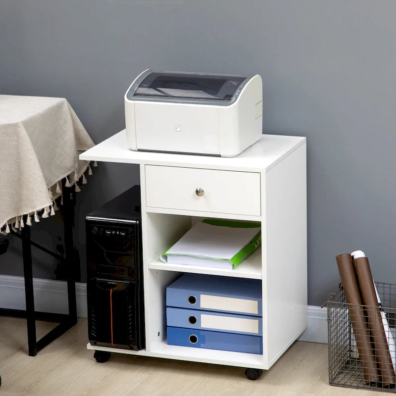 Mobile Printer Stand, Rolling File Cabinet Cart with Wheels, Adjustable Shelf, Drawer and CPU Stand, White