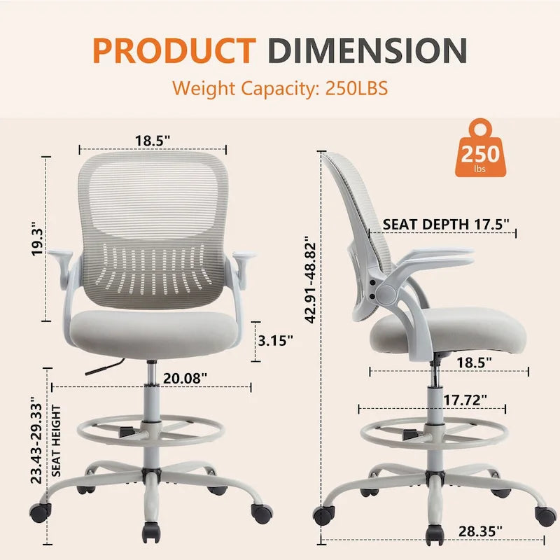 Drafting Tall Office Chair Ergonomic High Desk Chair with Flip-up Armrests
